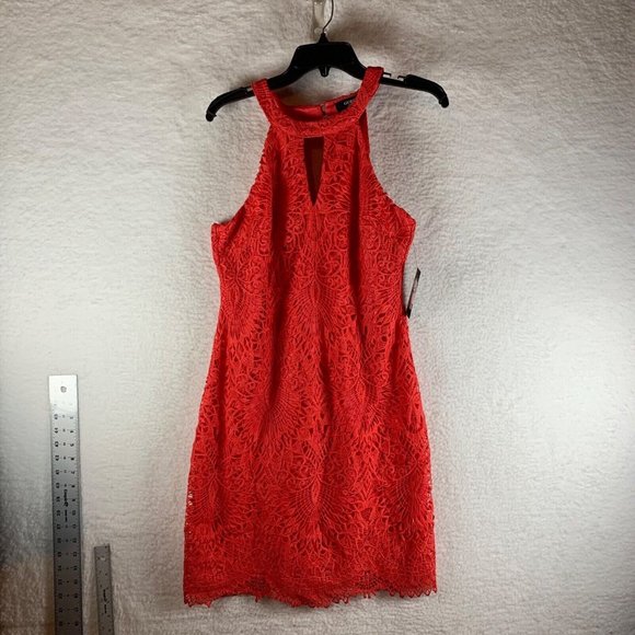 GUESS Women's Red Lace‎ Halter Mini Sheath Dress Size 10 New with Defects 8283 - Picture 1 of 9